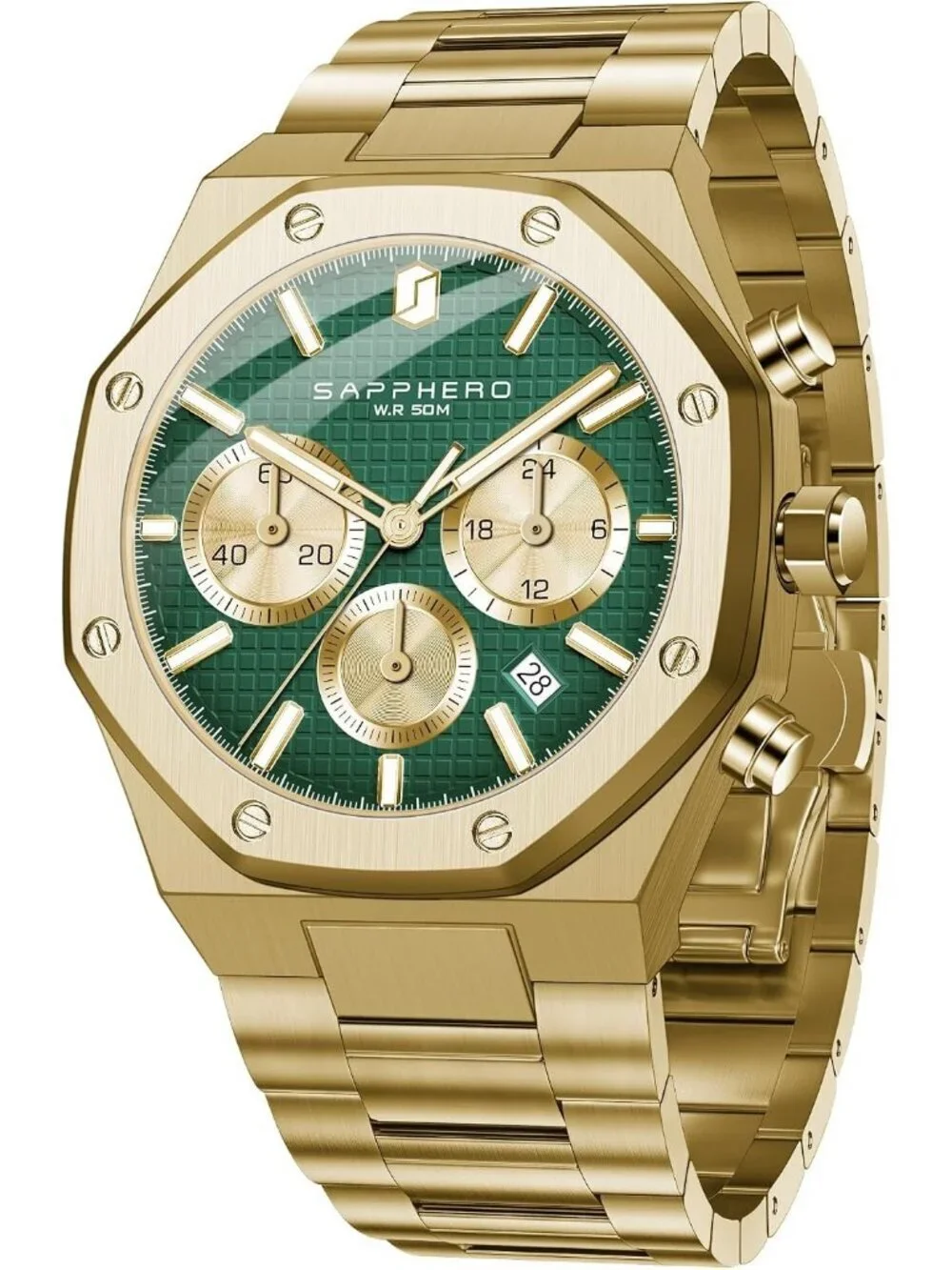 Men's Gold Green Chronograph Quartz Movement Stainless Steel Luxury Wrist Watch